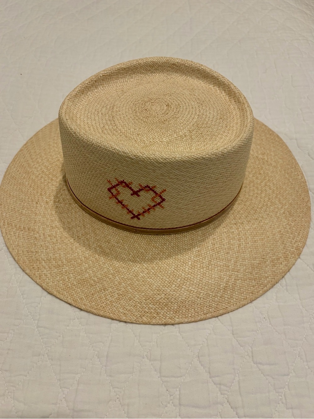 Freya Natural Straw Wide-Brim Hat with Embroidered Heart - Picture 2 of 4
